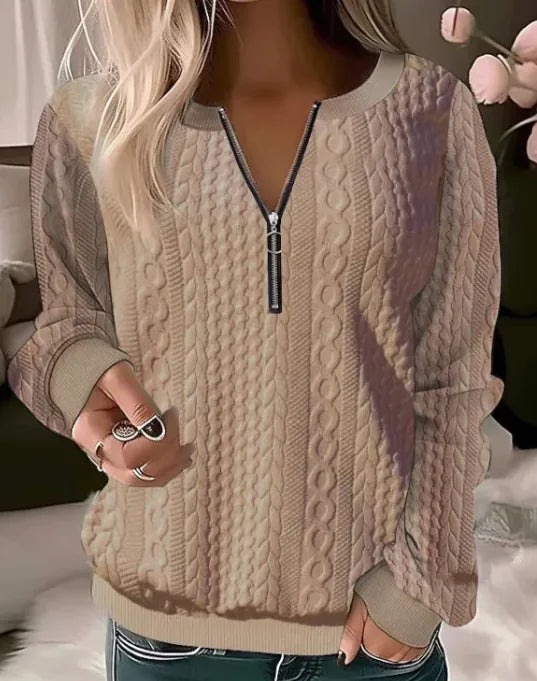 CASUAL BEIGE CABLE KNIT SWEATER WITH ZIPPER NECK