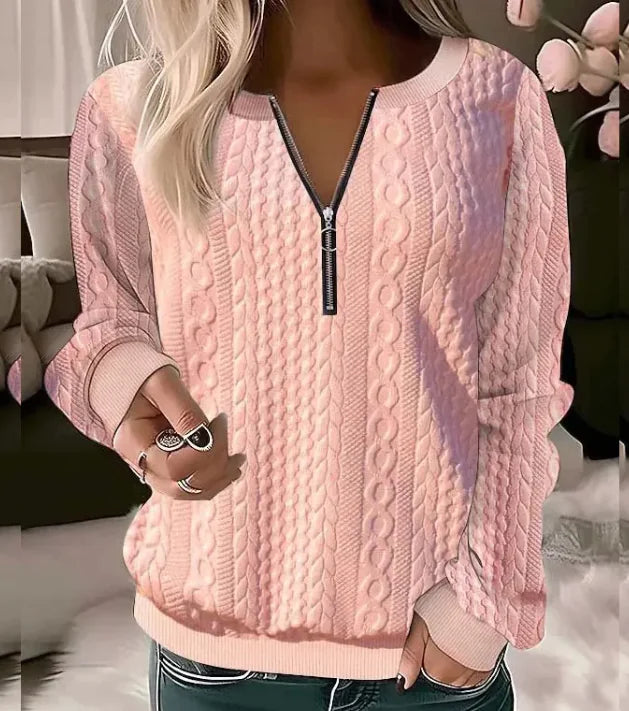 CASUAL BEIGE CABLE KNIT SWEATER WITH ZIPPER NECK